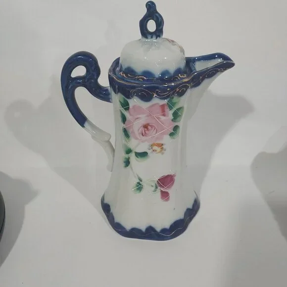Nippon Hand Painted CHOCOLATE POT Cobalt Blue Gold Florial 12pc Set Antique - Picture 4 of 16